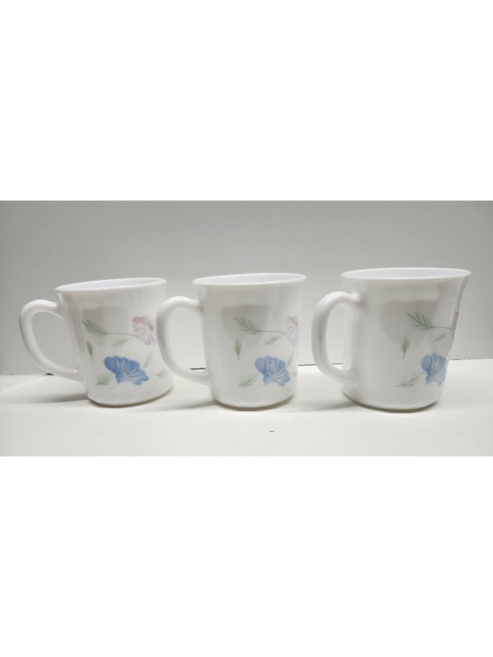 Arcopal France Chloe Mugs Set (3) Blue Pink Flowers Pretty Opal Milk Glass